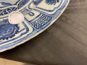 A Chinese blue and white kraak porcelain 'ducks' charger and two plates, Wanli